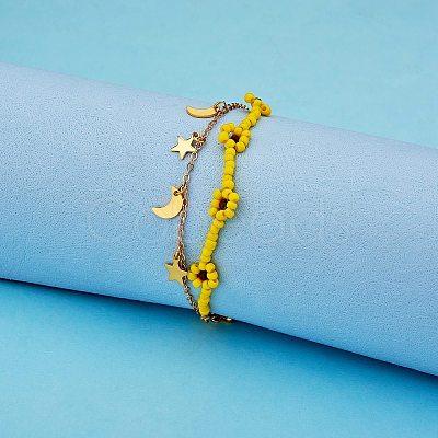 Glass Seed Braided Flower Multi-strand Bracelet BJEW-SW00069-01-1