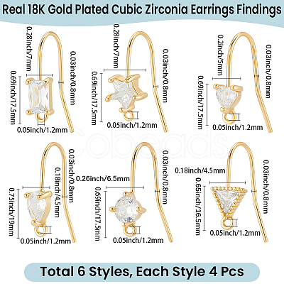 24Pcs 6 Styles Brass Micro Pave Clear Cubic Zirconia Earring Hooks EJEW-BBC0002-16-1