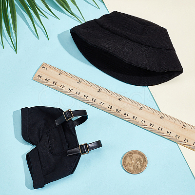 1Pc Cotton & PU Leather Suspender Trousers and 1Pc Cloth Bucket Hat for Dolls Accessories DOLL-WR0001-05B-1