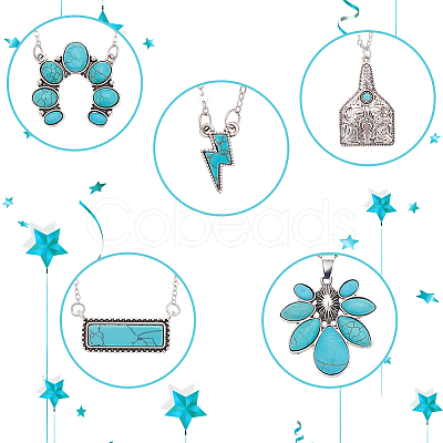 ANATTASOUL 5Pcs 5 Style Flower & Rectangle & Lightning & Cow Tag Synthetic Turquoise Pendant Necklaces Sets NJEW-AN0001-04-1