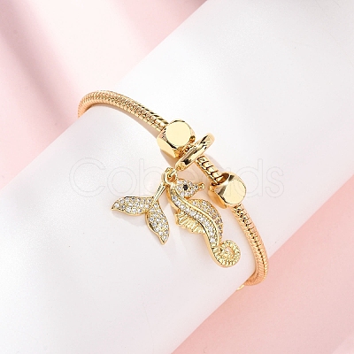 Sea Horse Brass Micro Pave Clear Cubic Zirconia Charm Bracelets BJEW-H640-05B-G-1