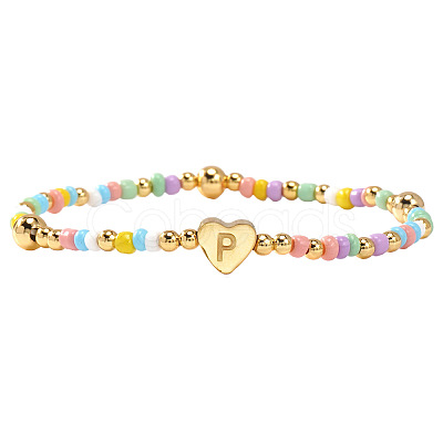 Summer Stainless Steel Heart Alphabet Colorful Glass Seed Beaded Stretch Bracelets for Women JV8929-42-1