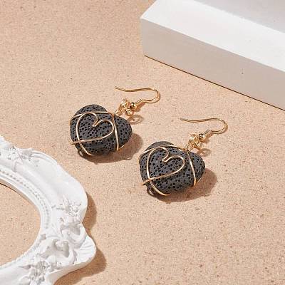 Heart Natural Lava Rock Dangle Earrings for Women EJEW-JE04973-1
