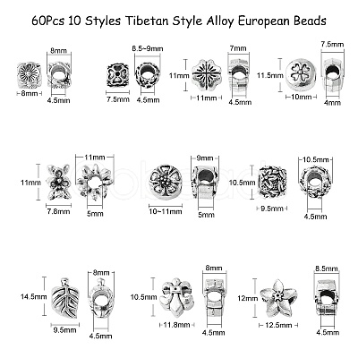 60Pcs 10 Styles Tibetan Style Alloy European Beads TIBE-CJ0001-26-1