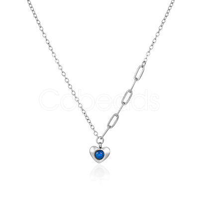 304 Stainless Steel Pave Blue Cubic Zirconia Heart Pendant Cable Chain Necklaces for Women OU4344-2-1