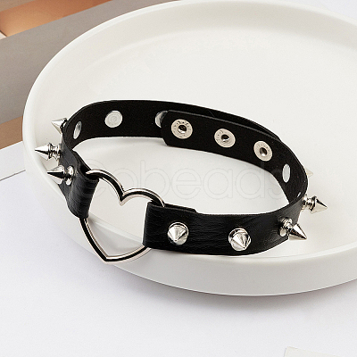 2Pcs Adjustable Gothic PU Leather Alloy Heart Spike Rivet Heart Choker Necklaces for Women NJEW-CL0001-17A-1