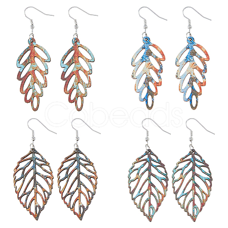 4 Pairs 4 Style Wood Hollow Leaf Dangle Earrings EJEW-FI0001-95-1