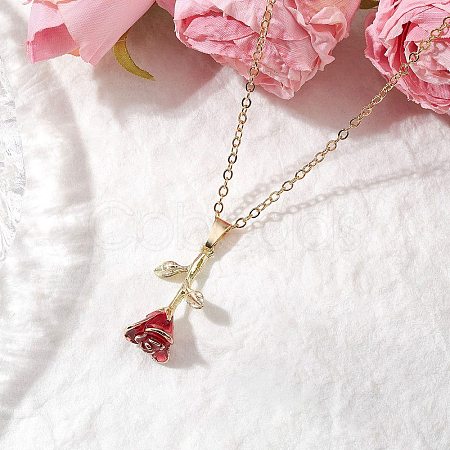 Valentine's Day Alloy Dark Red Enamel Rose Flower Pendant Necklaces X1-NJEW-TA00183-1