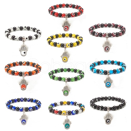 Synthetic Turquoise(Dyed) & Lampwork Evil Eye Round Beaded Stretch Bracelet with Hamsa Hand Charm for Women BJEW-JB07836-1