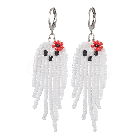 Halloween Woven MIYUKI Seed Beads Ghost Hoop Earrings EJEW-JE05854-02-1