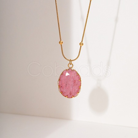 Natural Strawberry Quartz Faceted Oval Pendant 304 Stainless Steel Satellite Chain Necklaces for Women WG6F64C-02-1