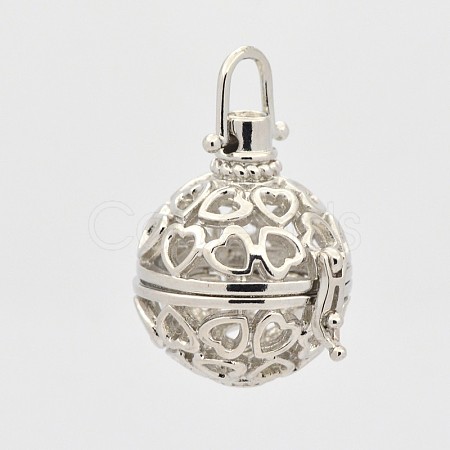 Filigree Heart Round Brass Cage Pendants KK-D389-07P-A-1