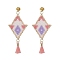 Rhombus Handmade Loom Pattern Glass Seed Dangle Earrings, Polycotton Tassel Stud Earring for Women, Pink, 55mm, Pin: 0.9mm