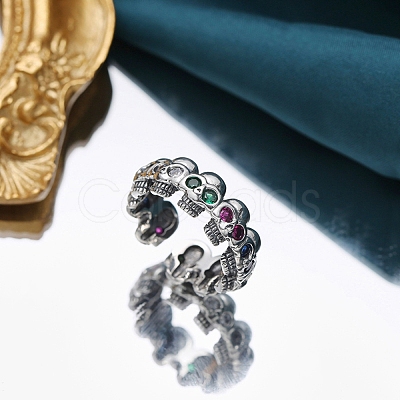 Brass Rhinestones Skull Open Cuff Rings for Unisex PW-WGC11C2-01-1