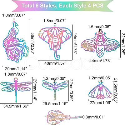 24Pcs 6 Styles 201 Stainless Steel Filigree Big Pendants STAS-UN0023-16-1