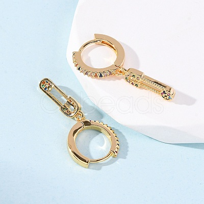 Safety Pin Brass Micro Pave Cubic Zirconia Hoop Earrings EJEW-F384-15G-02-1