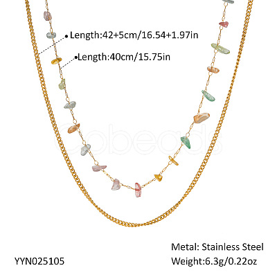 Colorful Natural Stone Chip & Stainless Steel Handmade Link Chain Double Layer Necklaces ZX3080-7-1
