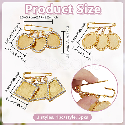 3Pcs 3 Styles Alloy Rhinestone Brooch Base Settings JEWB-OC00001-1
