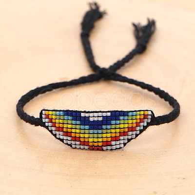 Glass Seed Wide Band with Rainbow Pattern Friendship Link Bracelet for Women BJEW-P269-15-1