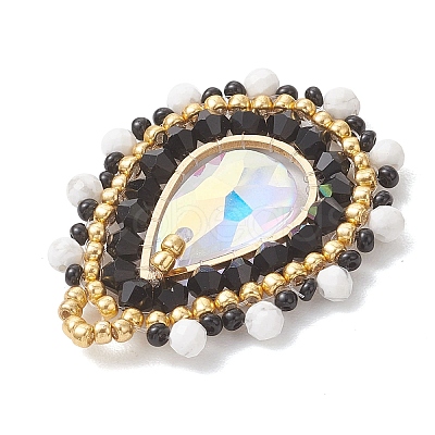 3Pcs 3 Colors Natural Howlite & Dyed Magnesite & Tiger Eye Faceted Round and Glass Seed Beaded Pendants PALLOY-MZ01218-1