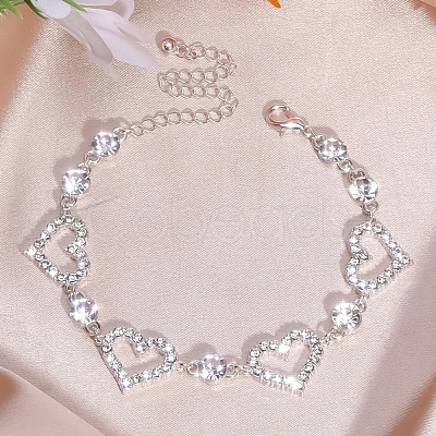 Heart Alloy Crystal Rhinestone Link Chain Necklace & Hoop Earring & Bracelets Sets FS-WG0CDC6-01-1-1
