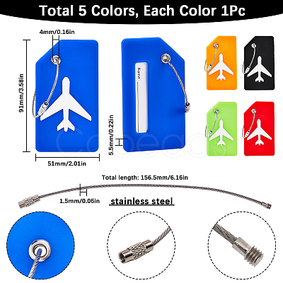 5Pcs 5 Colors Rectangle with Airplane Pattern Silicone Luggage Tag DIY-SP0002-77A-1