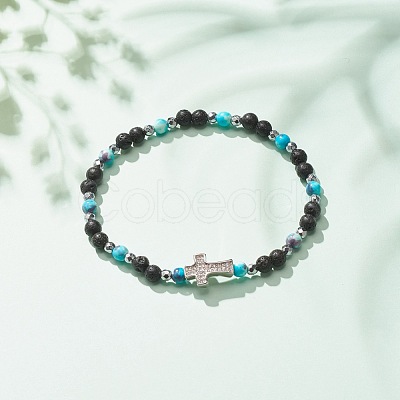 Natural & Synthetic Mixed Gemstone Beaded Stretch Bracelet with Clear Cubic Zirconia Cross for Women BJEW-JB08247-05-1