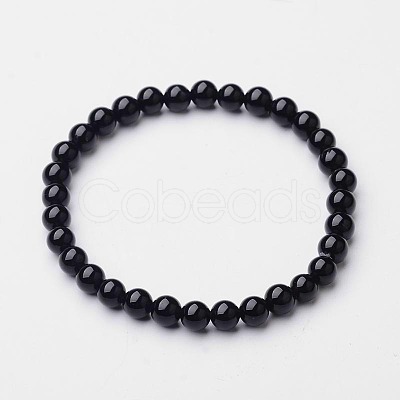 Natural Dyed & Heated Black Agate Round Beaded Stretch Bracelets BJEW-F202-02-1