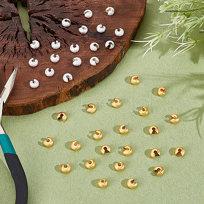 200Pcs 2 Colors Textured Brass Crimp Beads Covers KK-ME0003-43-1