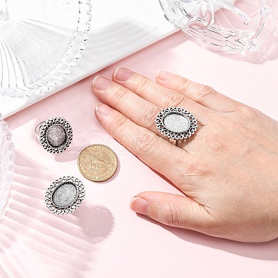 Vintage Adjustable Iron Flower Finger Ring Components Alloy Cabochon Bezel Settings PALLOY-O036-21AS-1