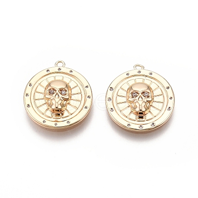Flat Round with Skull Pattern Brass Micro Pave Clear Cubic Zirconia Pendants KK-G436-21G-1