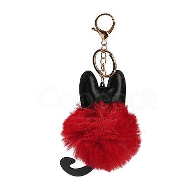 Cute Cat PU Leather & Imitate Rex Rabbit Fur Ball Keychain KEYC-C005-01E-1