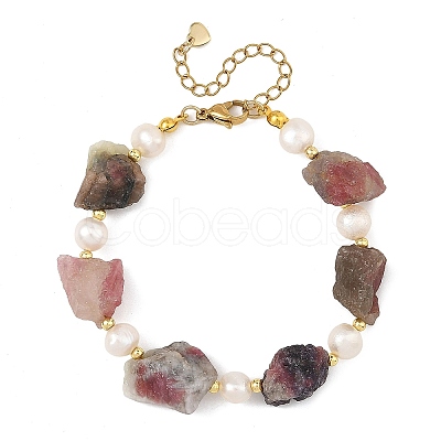 Raw Rough Natural Multicolor Tourmaline & Potato Natural Pearl Beaded Bracelets BJEW-JB14395-1