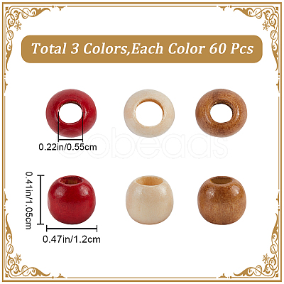 180Pcs 3 Colors Dyed Wood European Beads WOOD-GF0002-08-1