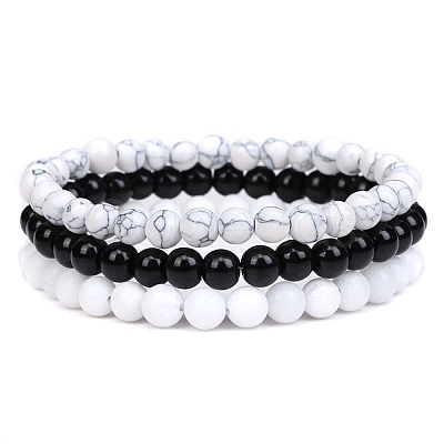 3Pcs 3 Style Natural Howlite & Black Agate & Quartz Crystal Round Beaded Stretch Bracelets Set LS-PW23030760813-1