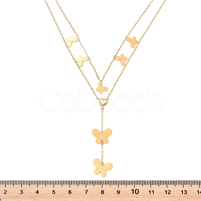 304 Stainless Steel Crystal Rhinestone Butterfly Pendant Double Layer Necklaces for Women NJEW-B083-01G-1
