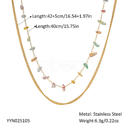 Colorful Natural Stone Chip & Stainless Steel Handmade Link Chain Double Layer Necklaces ZX3080-7-1