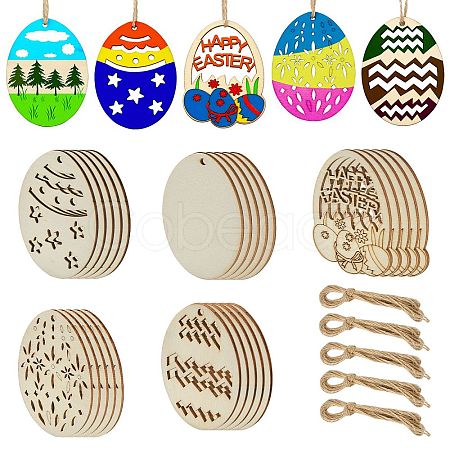 5 Sets 5 Styles DIY Easter Egg Shape Wood Pendant Decorations DIY-CJ0002-18-1