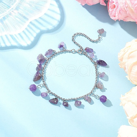 304 Stainless Steel Natural Amethyst Chips Charm Bracelets BJEW-JB12376-02-1