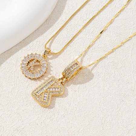 2Pcs 2 Styles Brass Pave Clear Cubic Zirconia Initial Pendant Necklace Sets FS-WGBC393-11-1