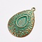 Tibetan Style Alloy Pendant Cabochon Settings, teardrop, Antique Bronze & Green Patina, Tray: 11x15mm, 43x30x5mm, Hole: 2mm