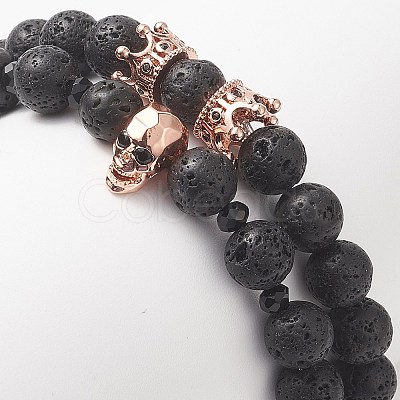 2Pcs 2 Style Natural Lava Rock & Brass Beaded Stretch Bracelets Set BJEW-JB09244-02-1