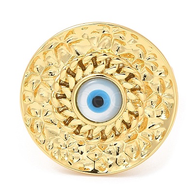 Rack Plating Brass Flat Round Open Cuff Rings with Shell Evil Eye RJEW-D008-05G-1