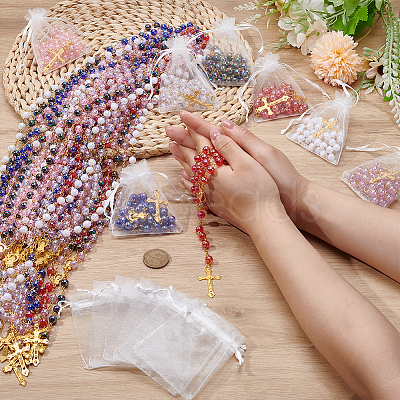 42Pcs 7 Colors Alloy & Round Plastic Link Chain Rosary Bead Necklaces NJEW-WA0001-05-1