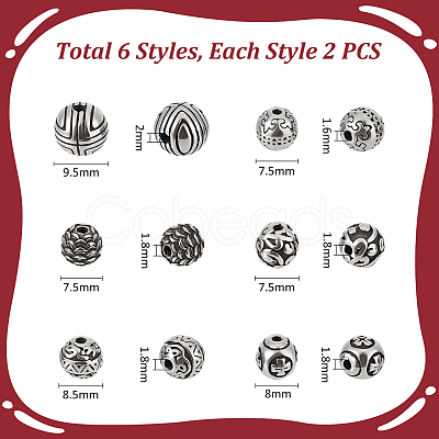 12Pcs 6 Styles Round 304 Stainless Steel Beads STAS-UN0059-95-1