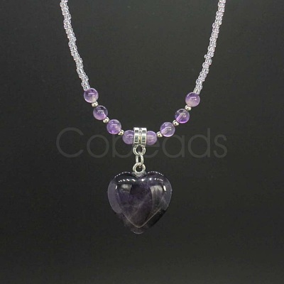 Natural Gemstone Heart Pendant Colorful Glass Seed Beads Beaded Necklaces for Women VA8487-1-1