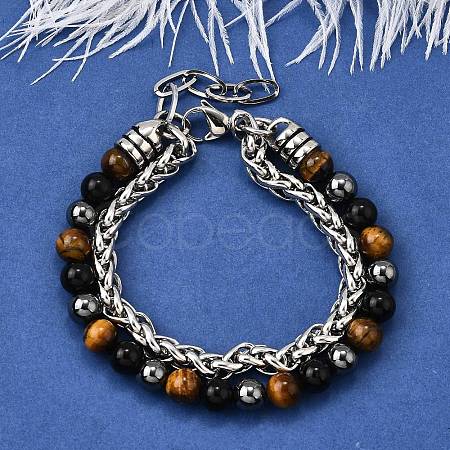 Natural Tiger Eye & Obsidian & Hematite Round Beads Multi-strand Bracelets BJEW-D330-02P-09-1